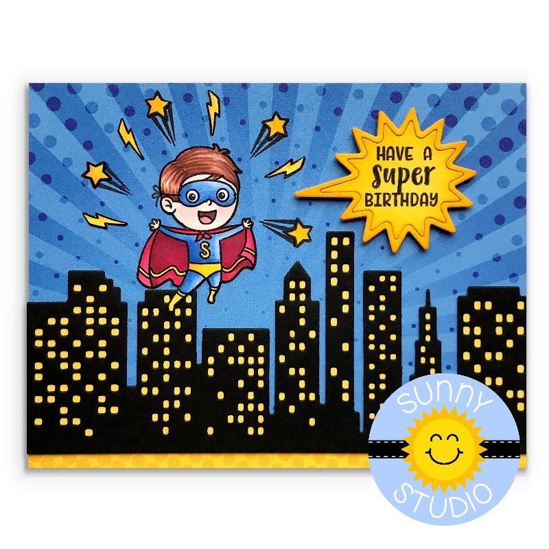 Sunny Studio Stamps Super Duper Superhero Birthday Card with Sunburst Background, Lightening Bolts and City Buildings