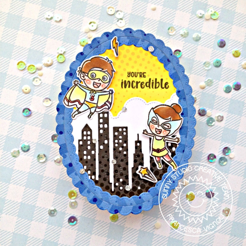 Sunny Studio Stamps Super Duper Superhero Scalloped Oval Card by Franci