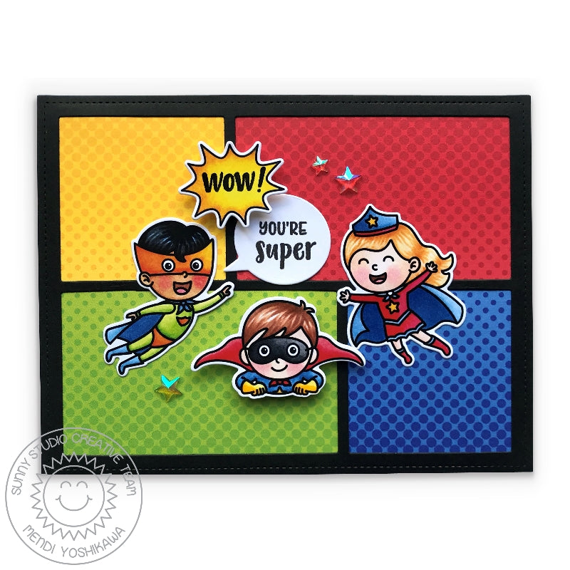 Sunny Studio Stamps Superhero Primary Dot Congrats Card (using Frilly Frames Comic Strip & Speech Bubbles Dies)