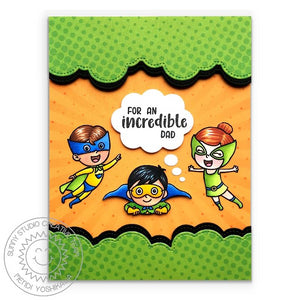 Sunny Studio Stamps For An Incredible Dad Superhero Card with Green Dot Halftone Clouds (using Stitched Fluffy Clouds Border dies)