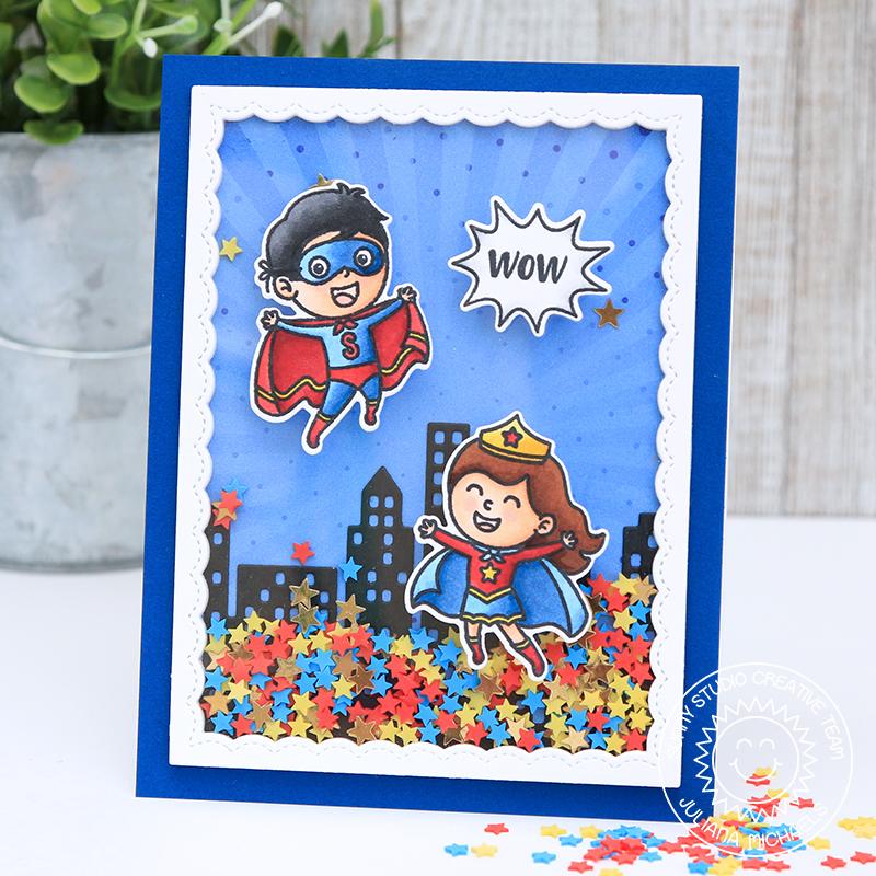 Sunny Studio Stamps Super Duper Superhero Red, Yellow & Blue Star Shaker Card (using Cityscape City Skyline Border die)