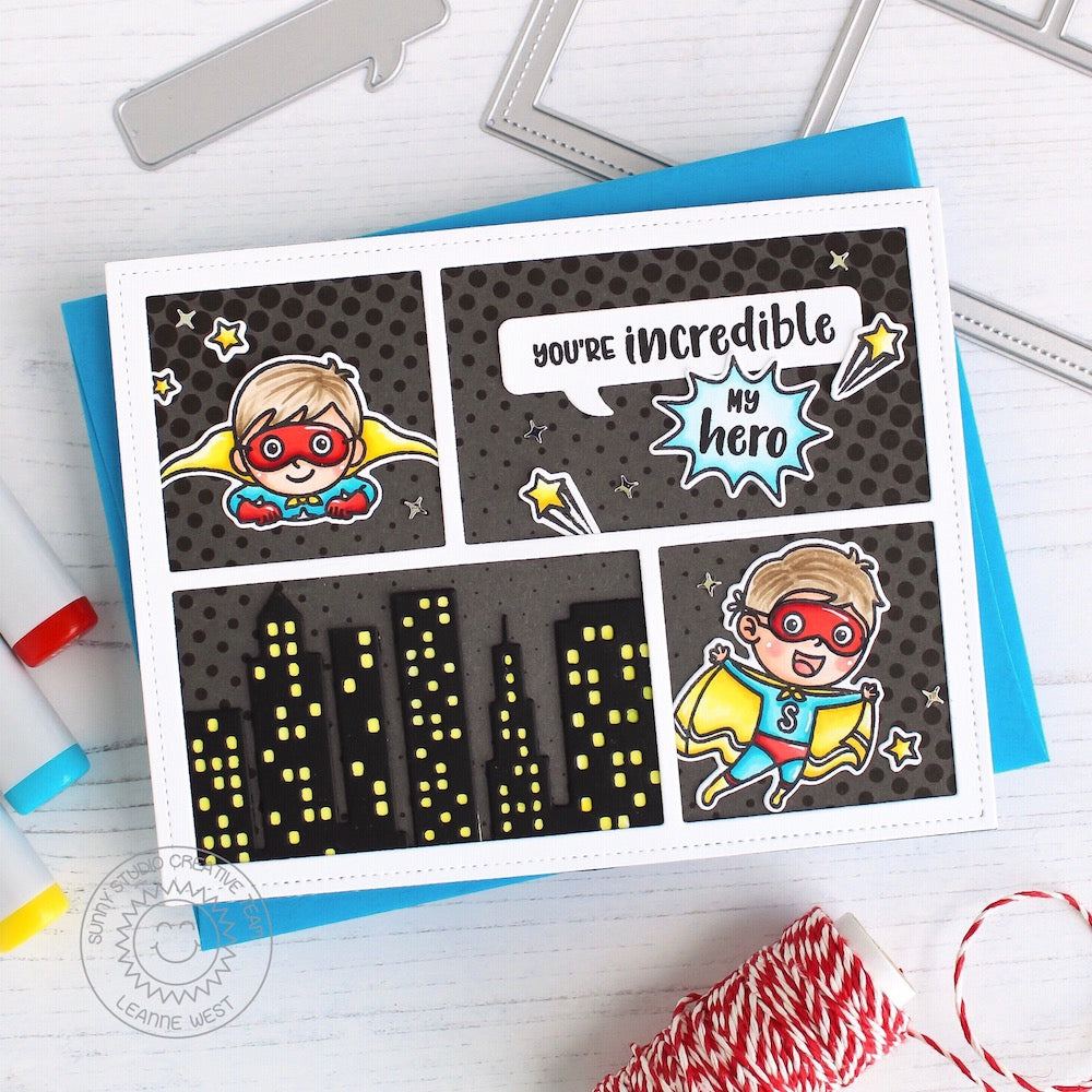Sunny Studio Stamps Super Duper Superhero Comic Strip You're Incredible Card by Leanne West