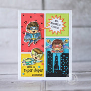 Sunny Studio Stamps Superhero Handmade Comic Strip Style Card by Lexa Levana (using Cityscape City Buildings Border Die)