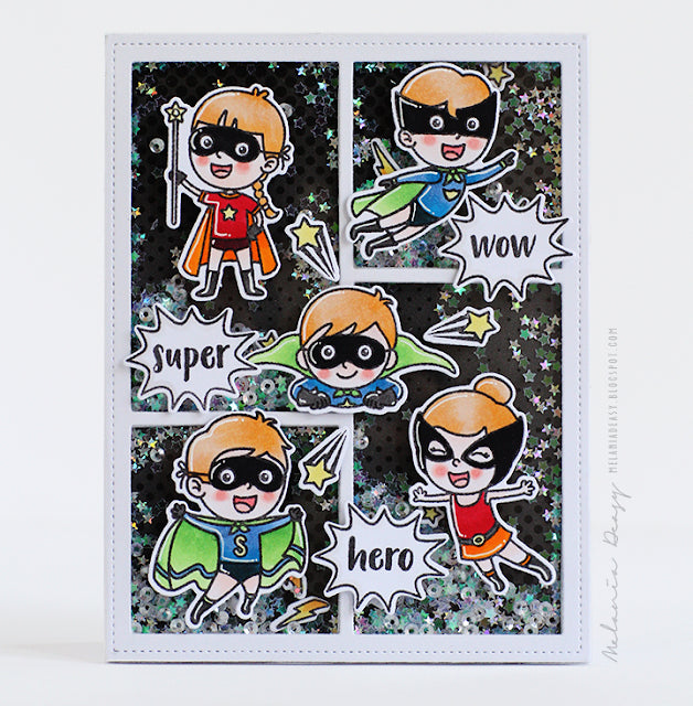 Sunny Studio Stamps Super Duper Superhero Shaker Card (Black Dot Heroic Halftones 6x6 Patterend Paper)