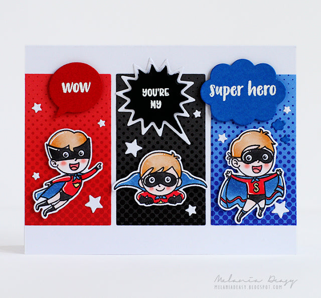 Sunny Studio Stamps Super Duper Red, Black & Blue Card by Melania Deasy (using Heroic Halftones 6x6 Patterned Paper Pack)