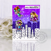 Sunny Studio Stamps Purple Superhero Card for Girls with City Building backdrop (using Cityscape Border Die)