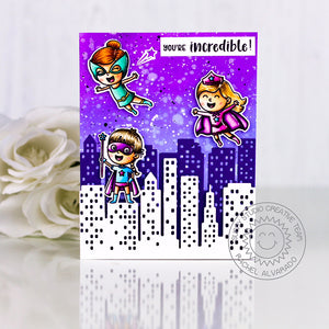 Sunny Studio Stamps Purple Superhero Card for Girls with City Building backdrop (using Cityscape Border Die)