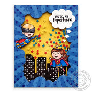 Sunny Studio Stamps Super Duper Superhero Shaker Card (using Sunburst Dot Patterned Paper from Heroic Halftones 6x6 Paper Pack)