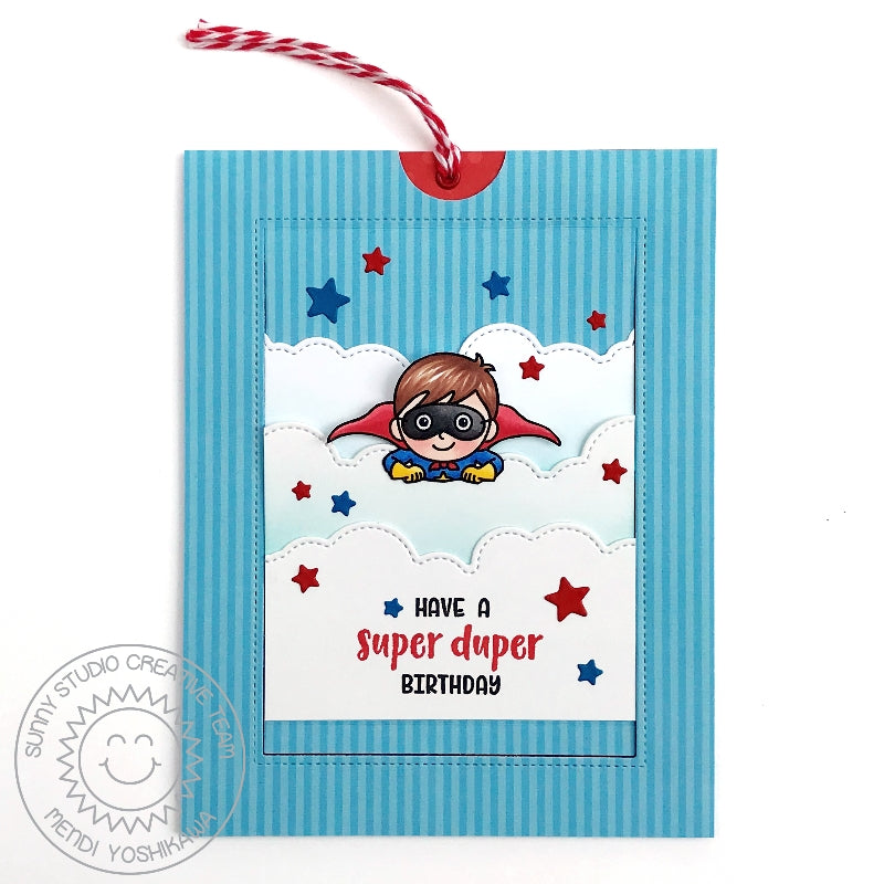 Sunny Studio Stamps Super Duper Flying Superhero Interactive Pop-up Birthday Card (using stitched Fluffy Cloud Dies)