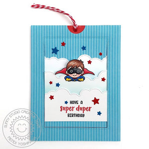 Sunny Studio Stamps Superhero Flying In Clouds Super Duper Birthday Card (using Sliding Window Metal Cutting Dies)