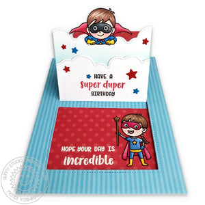 Sunny Studio Stamps Superhero Super Duper Birthday Interactive Pop-up Card (using Sliding Window Metal Cutting Dies)