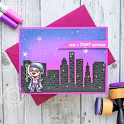 Sunny Studio Stamps Pink & Purple Blended Distress Oxide Sky Super Duper Superhero Card by Vanessa Menhorn