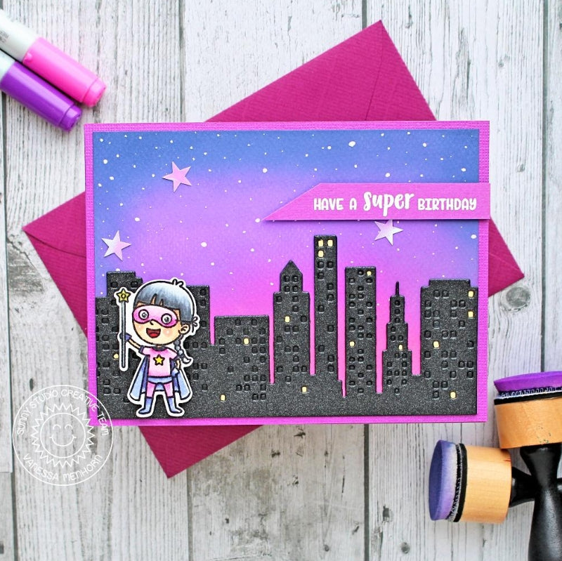 Sunny Studio Stamps Pink and Purple Girly Superhero Birthday Card for Girls using Cityscape City Buildings Border Die