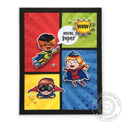 Sunny Studio Stamps Super Duper Comic Strip Style Superhero Card using Sunburst pattern from Heroic Halftones 6x6 Paper