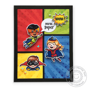 Sunny Studio Stamps Superhero Primary Dot Congratulations Card (using Frilly Frames Comic Strip & Speech Bubbles Dies)