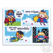 Sunny Studio Stamps Super Duper Superhero Comic Strip Style Card using Red, Yellow & BluePrimary Star Confetti