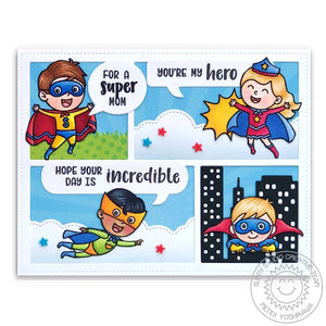 Sunny Studio Stamps Super Duper Comic Strip Style Super Hero Clouds and City Scene Card (using Comic Strip Speech Bubbles Die)
