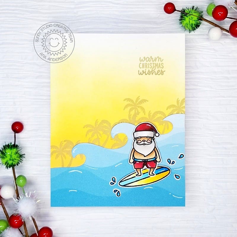 Sunny Studio Stamps Tropical Santa, Surfboard & Palm Trees Holiday Card with Waves using Slimline Nature Border Cutting Dies