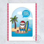 Sunny Studio Warm Christmas Wishes Santa Claus on Tropical Island Holiday Christmas Card using Surfing Santa 2x3 Clear Stamp