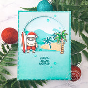 Sunny Studio Island Themed Santa Claus with Surfboard & Palm Trees Holiday Christmas Card using Tropical Scenes Clear Stamps