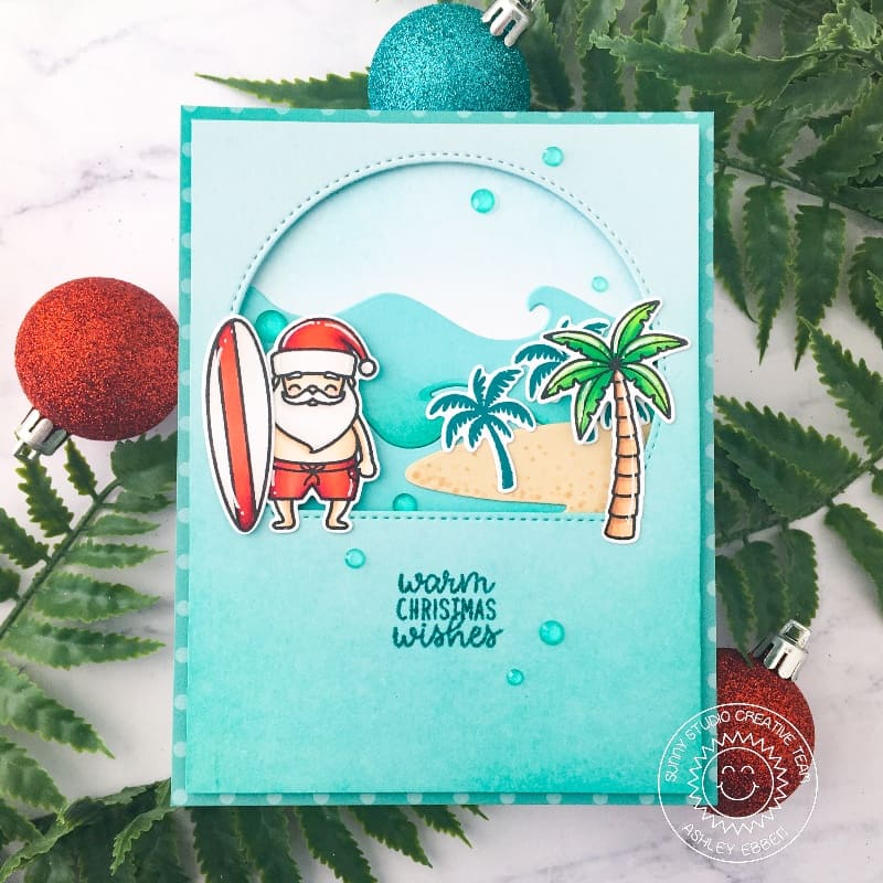 Sunny Studio Tropical Santa Claus with Surfboard Island-Themed Holiday Christmas Card using Surfing Santa 2x3 Clear Stamps