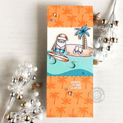 Sunny Studio Warm Winter Wishes Santa Claus Catching A Wave Tropical Holiday Slimline Card using Surfing Santa Clear Stamps