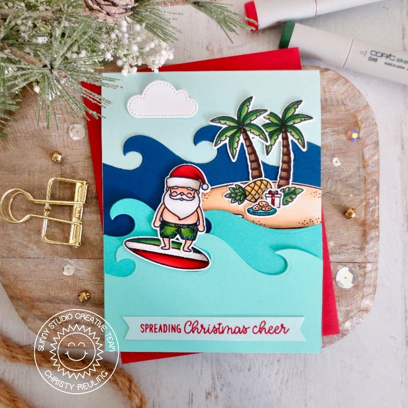 Sunny Studio Spreading Christmas Cheer Tropical Island with Waves Holiday Card (using Surfing Santa 2x3 Clear Stamps)