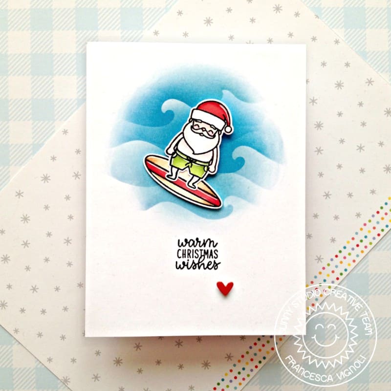 Sunny Studio Warm Christmas Wishes CAS Clean & Simple Santa Claus Surfing Holiday Card using Surfing Santa 2x3 Clear Stamps
