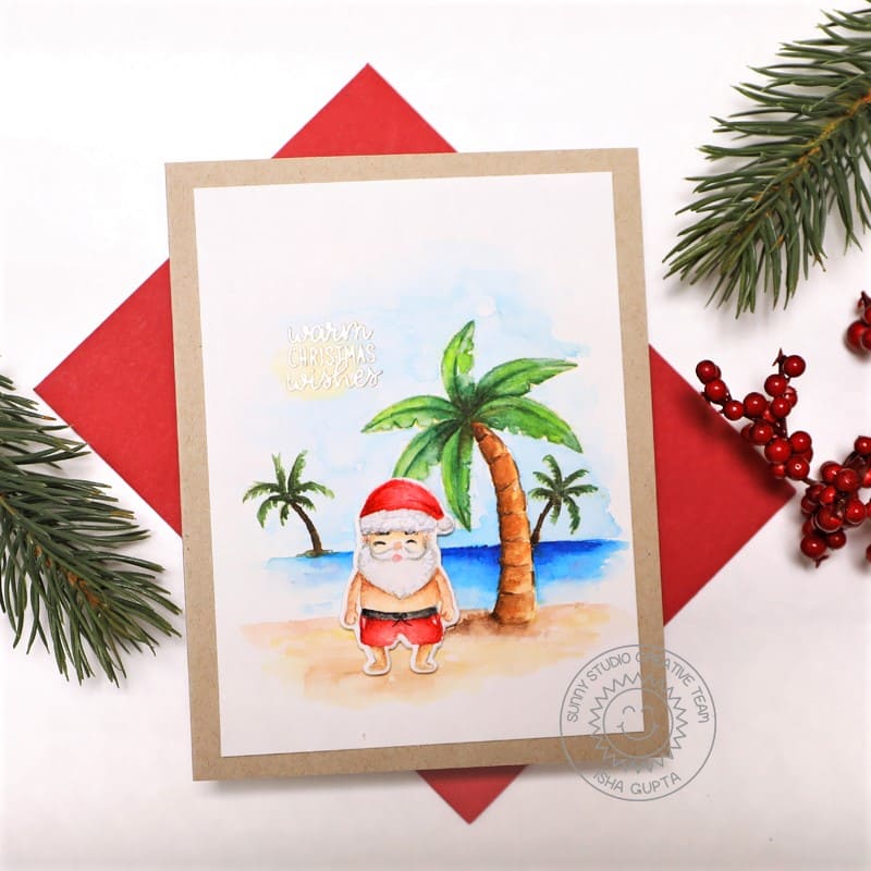 Sunny Studio No-Line Coloring Watercolor Tropical Island with Palm Trees Holiday Card using Surfing Santa Clear Stamps