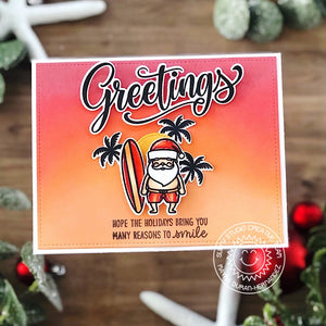 Sunny Studio Tropical Island Santa Claus & Surfboard Holiday Christmas Card using Season's Greetings Word Metal Cutting Dies