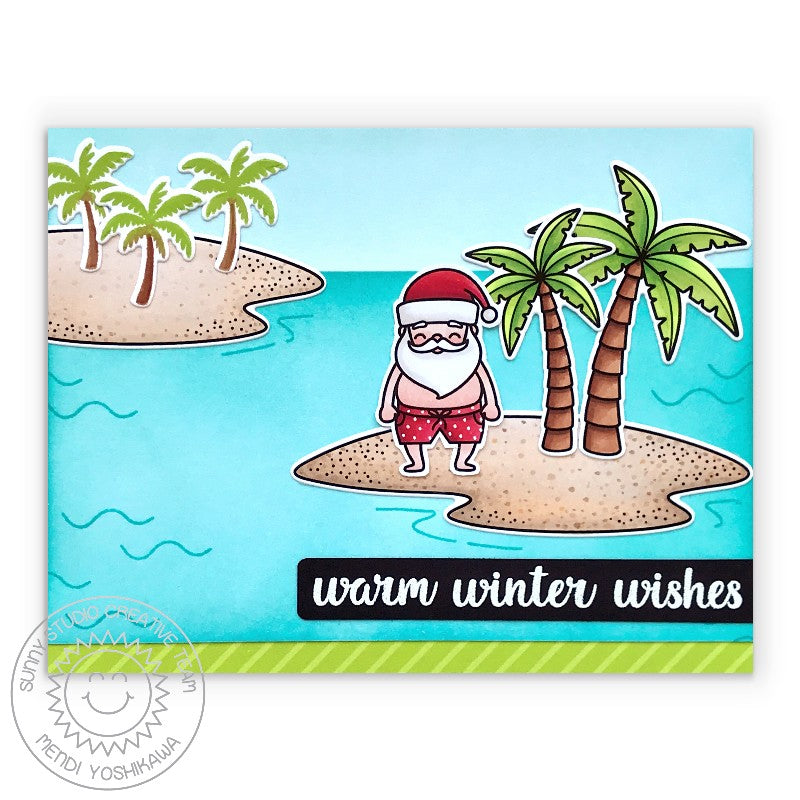 Sunny Studio Stamps Warm Winter Wishes Santa on Tropical Island Handmade Holiday Christmas Card (using Diagonal Green Striped print from Sleek Stripes 6x6 Patterned Paper Pack Pad)