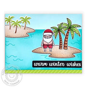 Sunny Studio Santa Claus in Swim Trunks on Tropical Island Beach Holiday Christmas Card using Surfing Santa 2x3 Clear Stamps