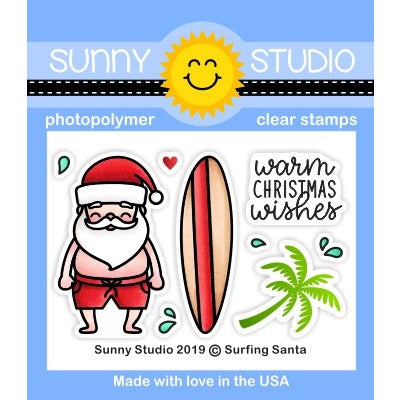 Sunny Studio Surfing Santa 2x3 Tropical Island Christmas Holiday Santa Claus 2x3 Mini Clear Photopolymer Stamps