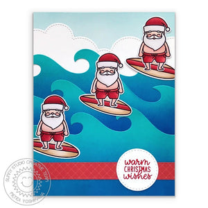 Sunny Studio Warm Christmas Wishes Santa Claus's Surfing Waves Holiday Card using Slimline Nature Borders Metal Cutting Dies