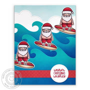 Sunny Studio Santa Claus Riding Wave with Surf Board Warm Christmas Wishes Holiday Card using Surfing Santa Mini Clear Stamp