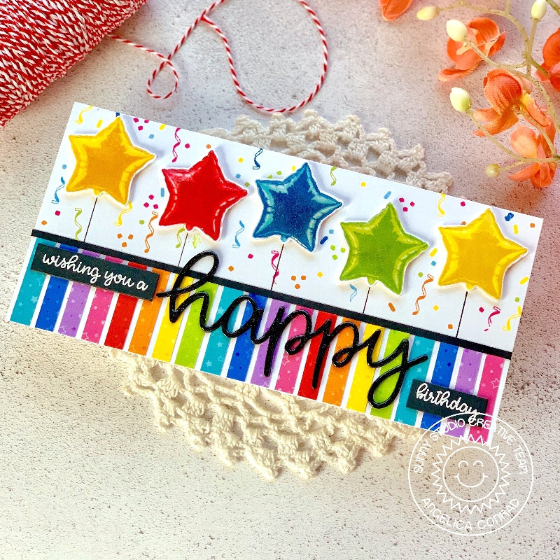 Sunny Studio Stamps Surprise Party Rainbow Striped Star Mylar Balloons Birthday Card