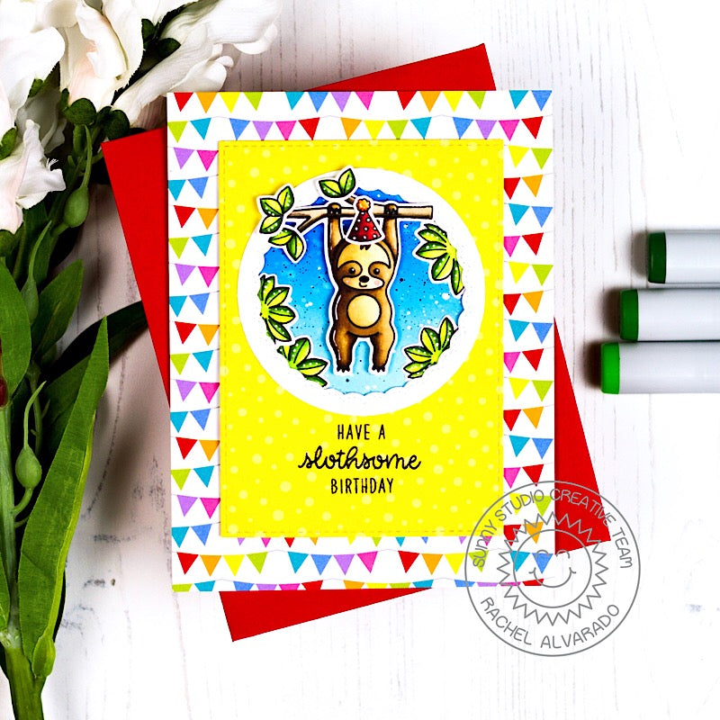 Sunny Studio Stamps Rainbow Banner Sloth Birthday Card (using Surprise Party 6x6 Paper Pack)