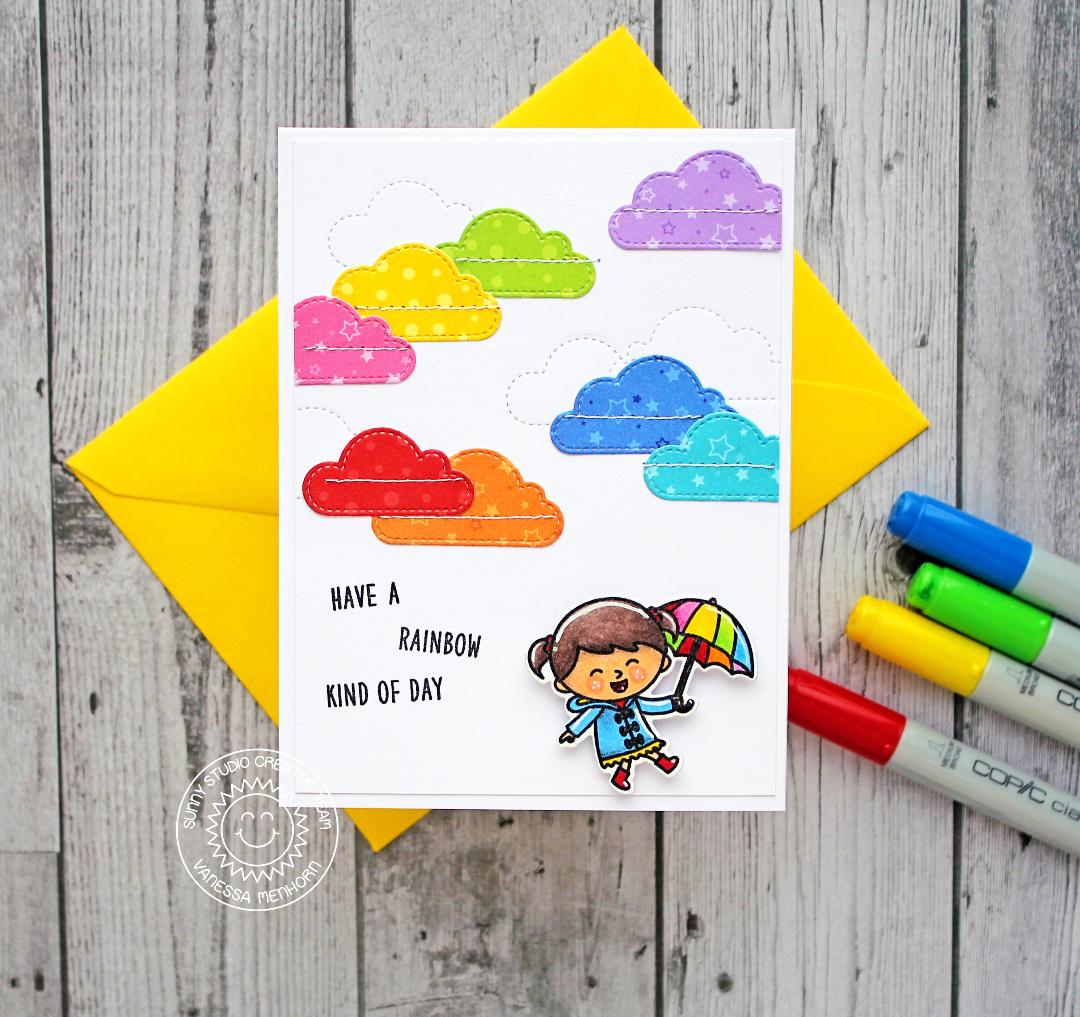 Sunny Studio Stamps Rainbow Clouds and Umbrella Rainy Day Card (using Fluffy Clouds Stitched Metal Cutting Dies)