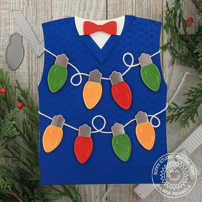 Sunny Studio Stamps Embossed Sweater Vest with Holiday Lights Shaped Christmas Card (using Cable Knit 6x6 Embossing Folder)