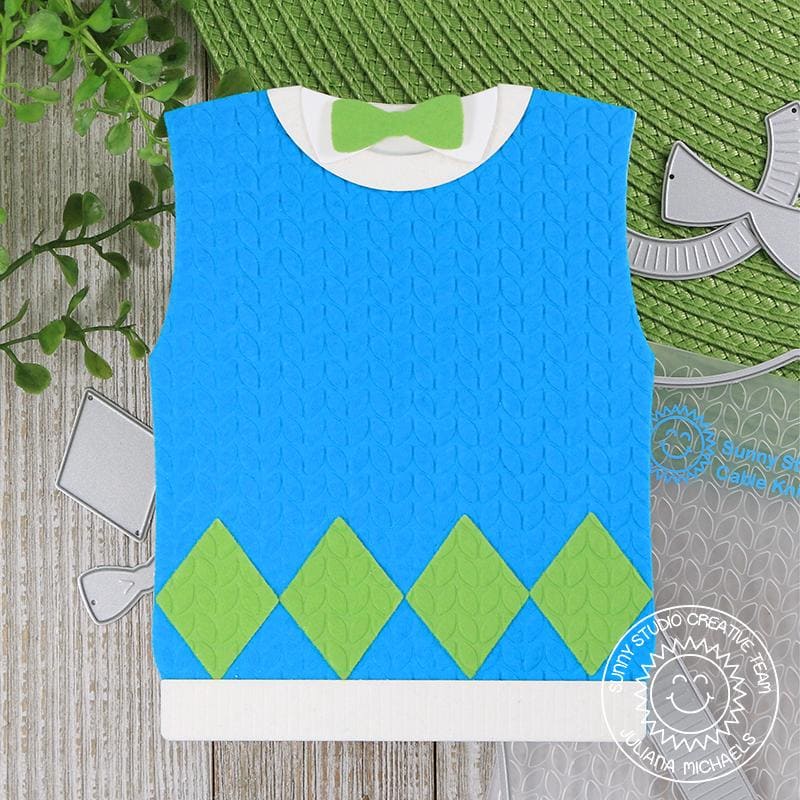 Sunny Studio Stamps Embossed Argyle Sweater Vest with Bow Tie Shaped Father's Day Card (using Cable Knit 6x6 Embossing Folder)