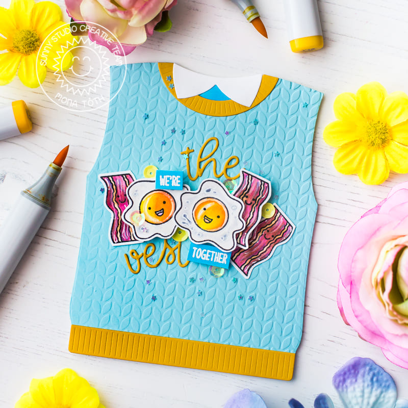 Sunny Studio Stamps Bacon & Eggs Punny Sweater Vest Embossed Shaped Card (using Cable Knit 6x6 Embossing Folder)