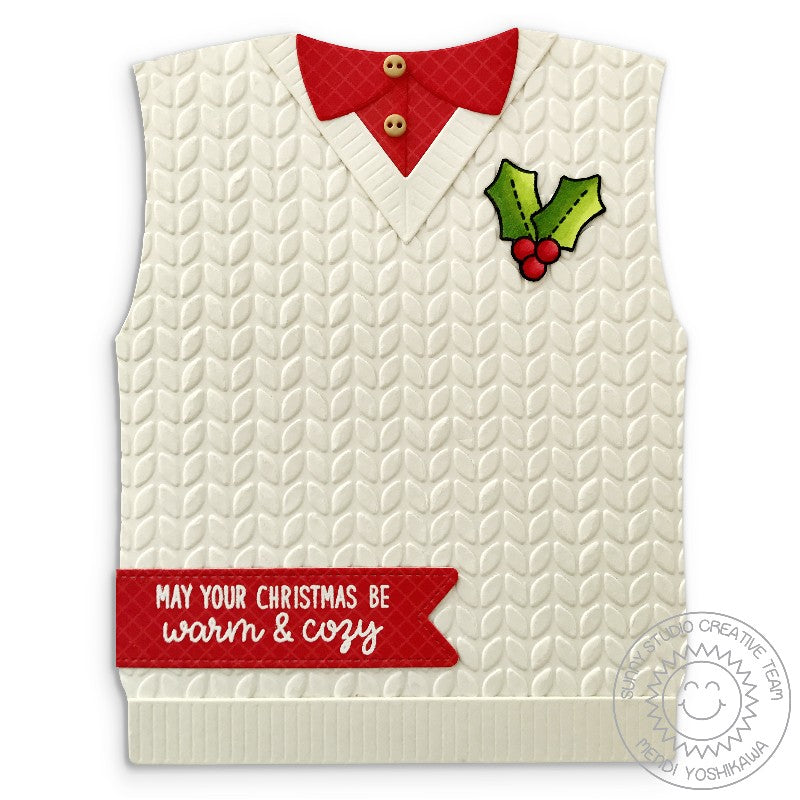Sunny Studio Stamps: Ivory Warm & Cozy Cable Knit Sweater Vest Christmas Card by Mendi Yoshikawa