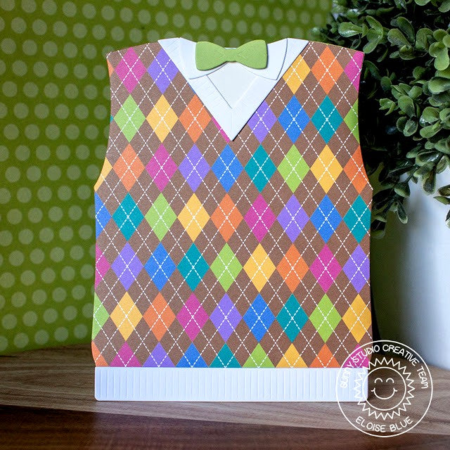 Sunny Studio Stamps Colorful Argyle Dad's Sweater Vest Shaped Card with Bow Tie using Metal Cutting Dies