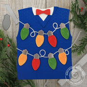 Sunny Studio Stamps Ugly Christmas Sweater Vest Blue Cable Knit Holiday Card with A String of Light Bulbs (using metal cutting dies)