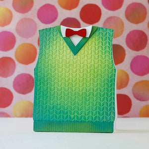 Sunny Studio Stamps Green Cable Knit Sweater Vest Card with Red Bow Tie by Laura Bassen using Metal Cutting Dies