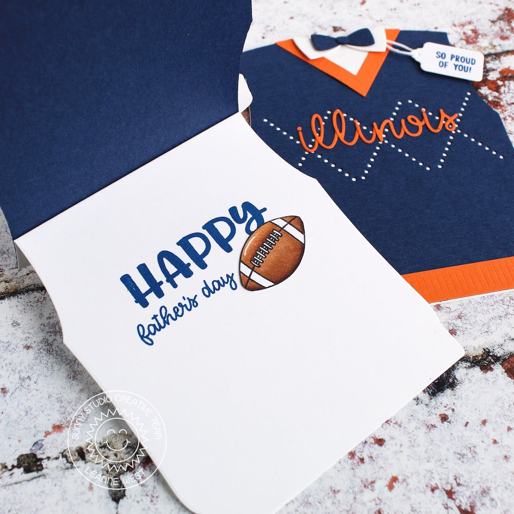 Sunny Studio Stamps Team Jersey Football Themed Sweater Vest & Bow Tie Father's Day Shaped Cards using Metal Cutting Dies
