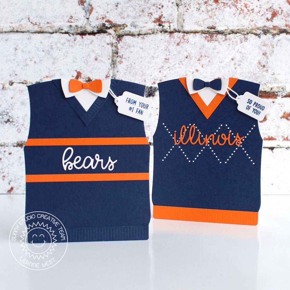 Sunny Studio Stamps Team Jersey Football Themed Sweater Vest Father's Day Cards (using Loopy Letters Alphabet Dies)