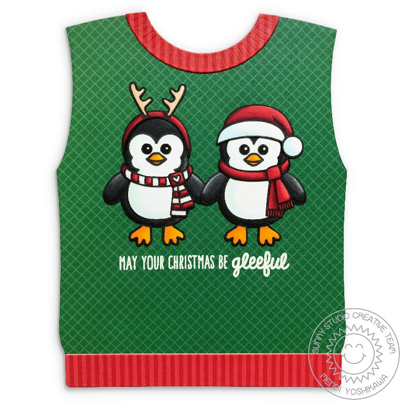Sunny Studio Stamps Ugly Christmas Sweater Vest Shaped Card (using Bundled Up Penguin Stamps)