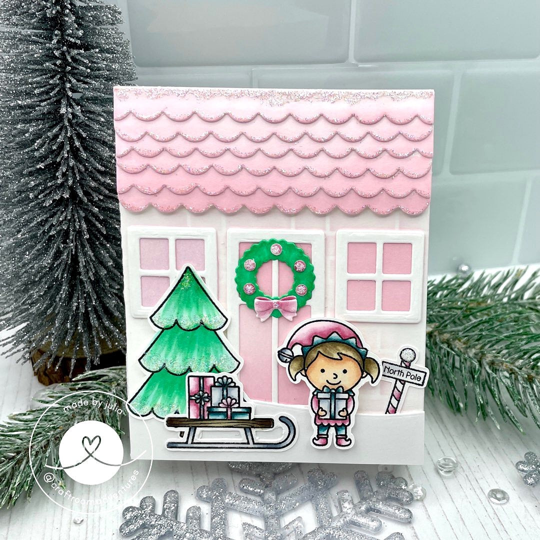 Sunny Studio Stamps North Pole Pink Girl Elf in Front of Home with Sled and Gifts Handmade Bag (using Sweet Treats House Add-on Metal Cutting Dies)