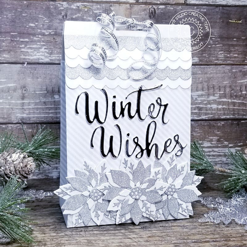 Sunny Studio Stamps Winter Wishes Silver Glitter Christmas Holiday Gift Bag using Layered Poinsettia Metal Cutting Dies